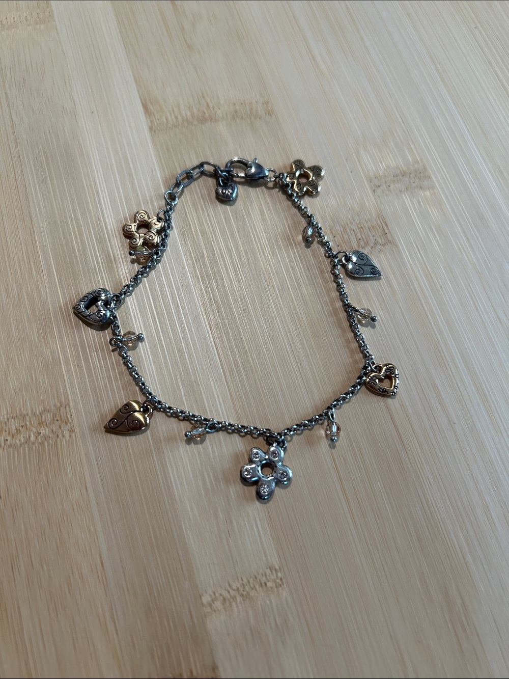 Brighton Floral & Heart Charm Anklet- Silver and Gold Tones